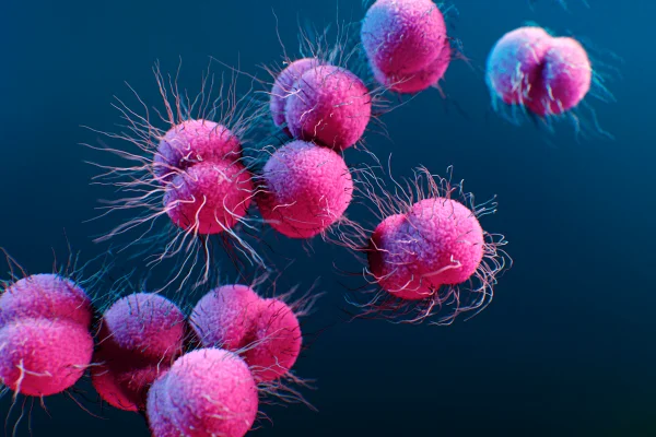 Ilustração da bactéria Neisseria gonorrhoeae. Trata-se de pares de bactérias, chamadas diplococos, com pili semelhantes a pelos em suas superfícies. Metrópoles gonorreia