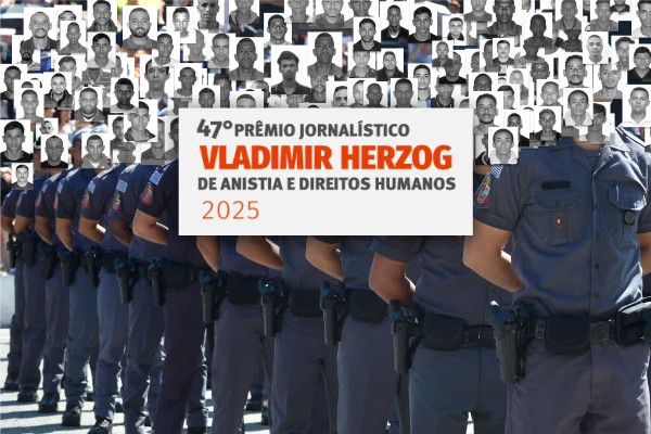 Ilustração mostra um pelotão de polícais militares cujas cabeças são representadas por fotos de vítimas que morreram em "intervenções policiais