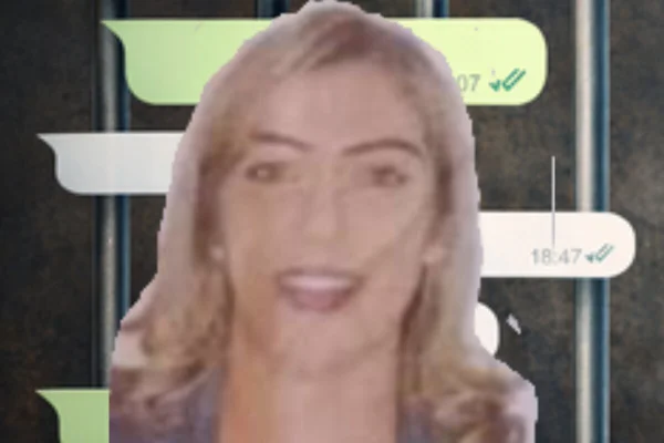 Retrato de mulher branca, com cabelos loiros até a altura dos ombros, com plano de fundo de balões de WhatsApp - Metrópoles