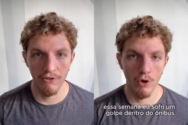 Captura de tela do vídeo em que influenciador denuncia ter sido vítima de golpe do vômito