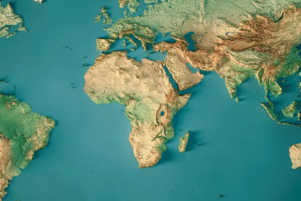 Mapa colorido e renderizado do continente africano no meio - Metrópoles.