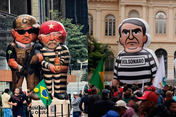 Imagem de Luleco e Bolsoleco, bonecos infláveis que satirizam Luiz Inácio Lula da Silva e Jair Bolsonaro - Metrópoles