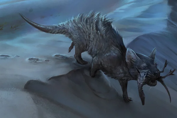 Desenhor colorido de um tipo de mamífero, que parece um rato gigante, com um animal de pequeno porte na boca - Metrópoles.