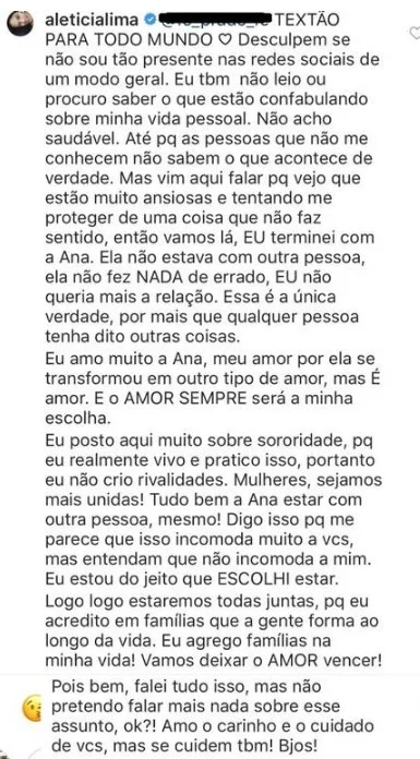 Desabafo de Letícia Lima nas redes sociais Desabafo de Letícia Lima nas redes sociais