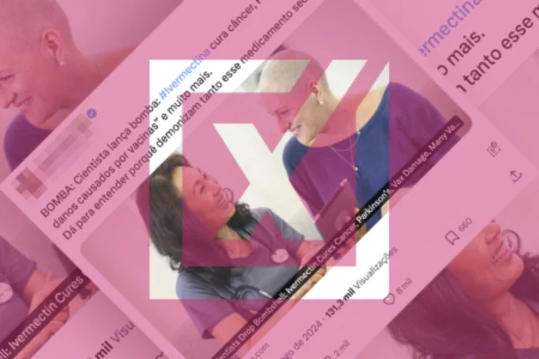 Print de conteúdo que desinforma ao dizer que a Ivermectina pode tratar o câncer ou ser medida pós-vacina da covid-19, com camada que indica conteúdo falso. - Metrópoles