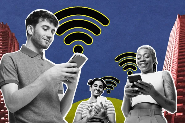 Imagem colorida de jovens usando celular - Metrópoles