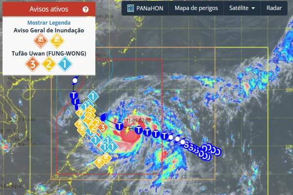 Imagem colorida de alerta sobre supertufão nas Filipinas