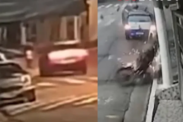 Imagem colorida de montagem como carro perseguindo e atropelando moto. Metrópoles