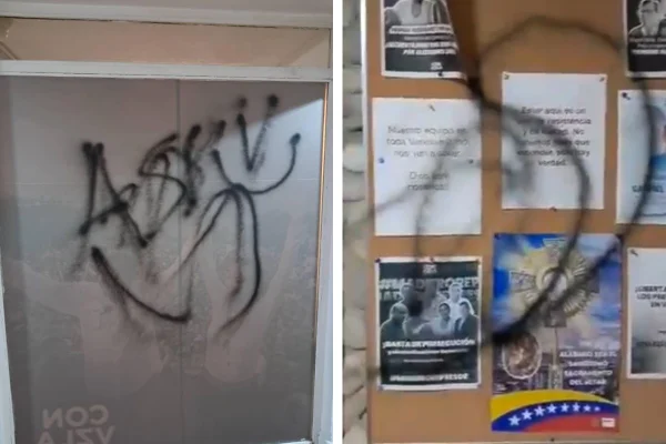 Montagem com fotos coloridas de pichações feitas durante ataque à sede do partido Vamos - Metrópoles
