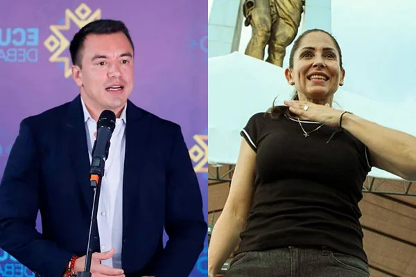 Imagem colorida dos candidatos Daniel Noboa e Luisa González Alcívar