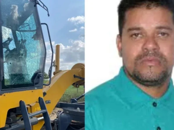 Montagem com fotos coloridas do vereador José Erlânio Firmiano, de 44 anos, e máquina com buracos de arma de fogo - Metrópoles