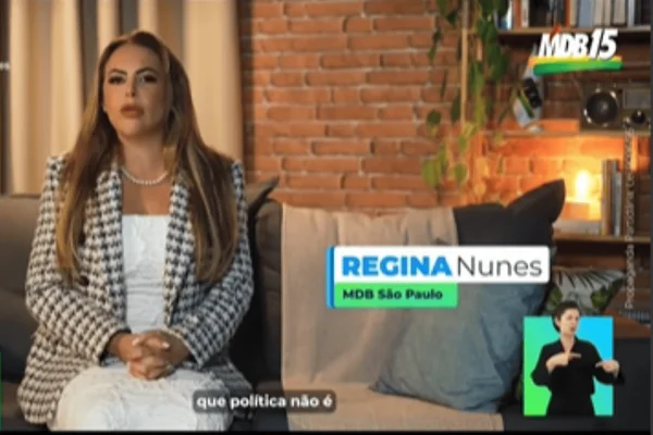 Peça do MDB com a primeira-dama da cidade de São Paulo, Regina Nunes