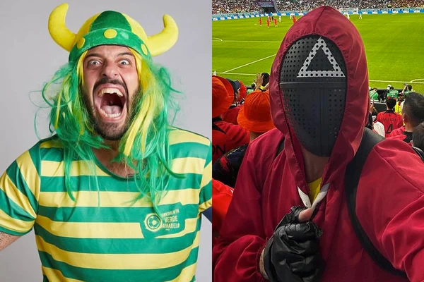À esquerda, Tomer Savoia, influenciador e líder da torcida brasileira no Catar, posa com chapéu viking e camiseta verde e amarela; à direita, Tomer no estádio Cidade da Educação fantasiado de Round 6 - Metrópoles