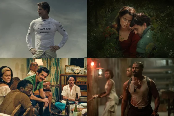 Montagem colorida de imagens mostra os filmes F1: O filme (esquerda em cima), O Agente Secreto (esquerda embaixo), Hamnet (direita em cima) e Pecadores (direita embaixo) - Metrópoles