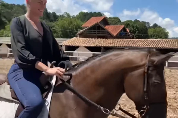 Captura de tela colorida de vídeo do canal do YouTube de Ana Hickmann, em que ela mostra o cavalo que ganhou de Edu Guedes. - Metrópoles