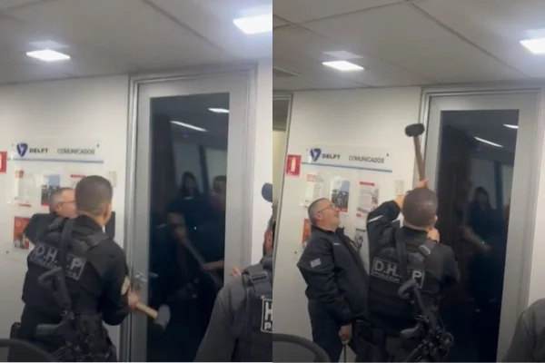 Policiais usam marreta para arrombar porta de endereço ligado à Operação Poço de Lobato - Metrópoles