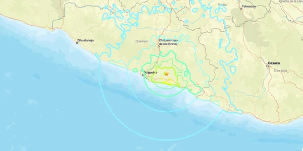 Imagem colorida de mapa marcando terremoto no México - Metrópoles
