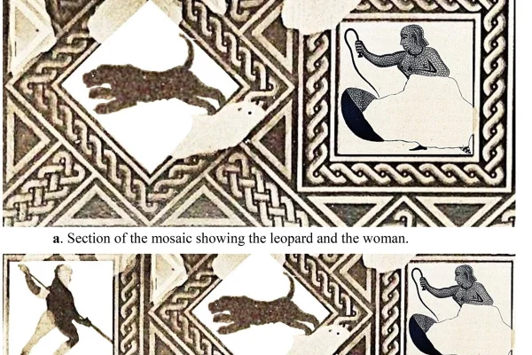 Imagem colorida mostra mosaico representando mulher lutador na roma antiga - Metrópoles