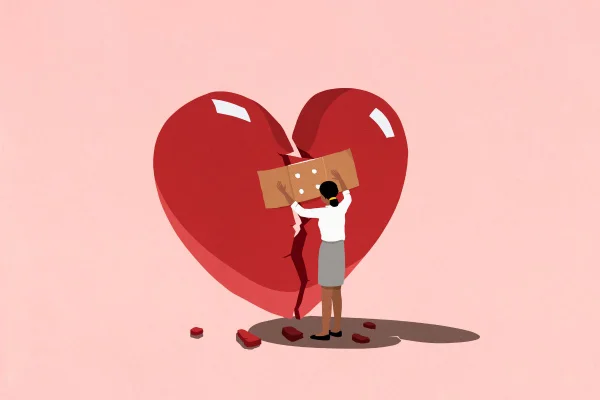 arte colorida de mulher concertando um coração por causa de um amor ruim