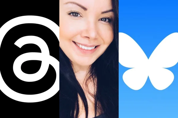 Imagem colorida de uma montagem com a logo do Threads e do Blusky - Metrópoles - Twitter