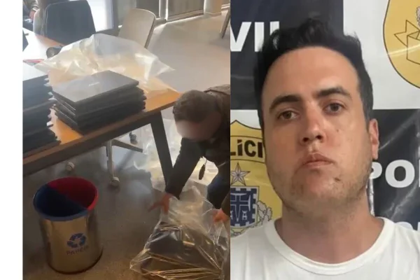 Esquerda, homem embala notebooks em plástico.