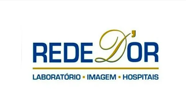 Imagem colorida do logotipo da Rede D'Or, com letras azuis e um fundo branco - Metrópoles