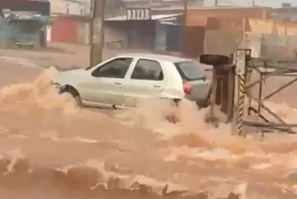 Imagem de um carro prata sendo arrastado por uma enxurrada, cuja cor da água é marrom