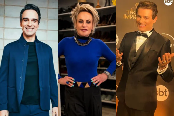 Montagem com fotos coloridas de Ana Maria Braga, Tadeu Schmidt e Celso Portiolli