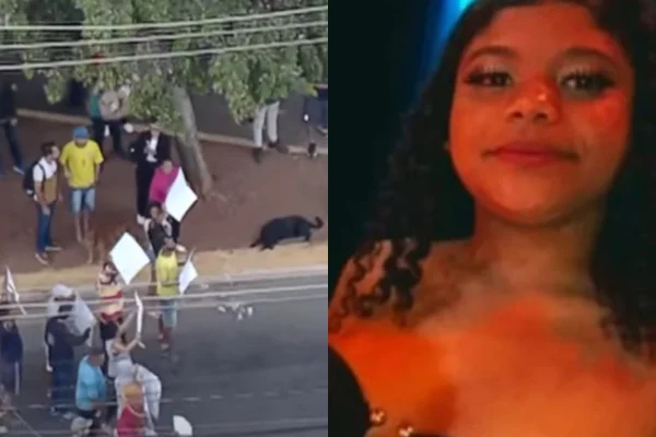 Imagem colorida de montagem com protestantes e adolescente morta. Metrópoles