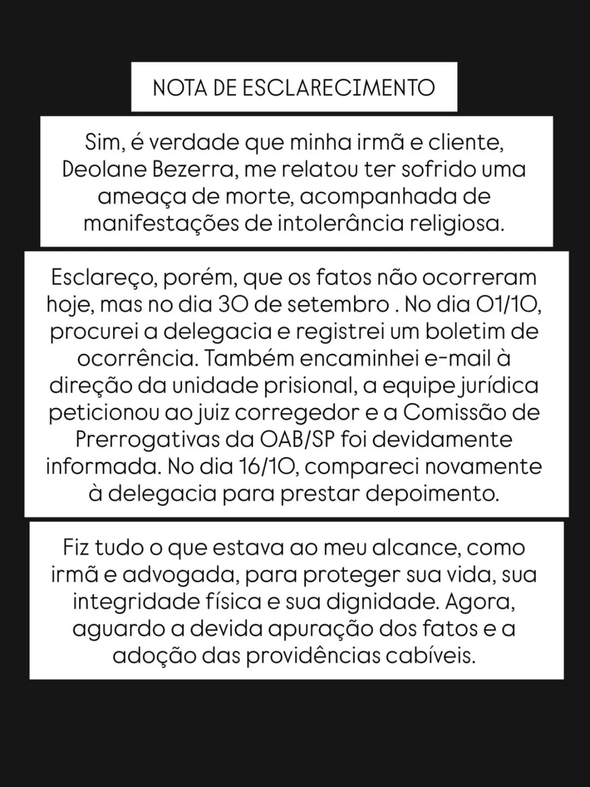 Daniele Bezerra compartilhou nota nas redes sociais. Daniele Bezerra compartilhou nota nas redes sociais.