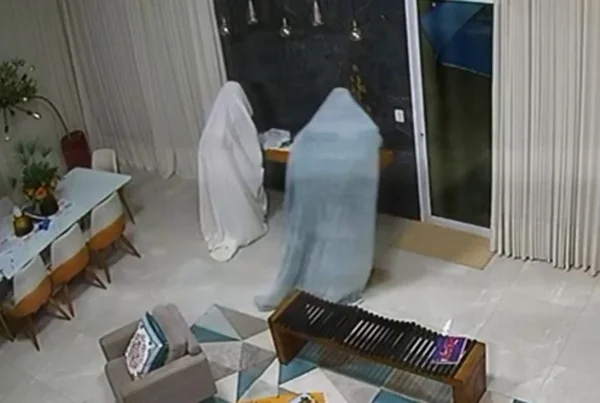 Captura de tela de dois ladrões cobertos com lençóis roubando casa - Metrópoles