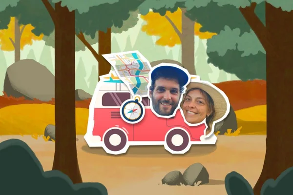 Ilustração de um casal em uma kombi