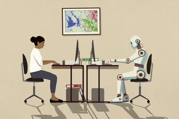 Ilustração colorida de mulher trabalhando ao lado de um robô - IA para dúvidas de saúde ainda falha e não supera o Google, diz estudo - Metrópoles