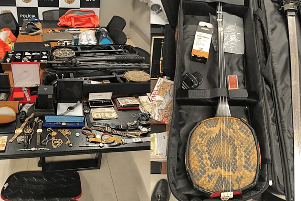 Colagem colorida de itens oriundos de furto apreendidos com a quadrilha durante operação da Polícia Civil - Metrópoles