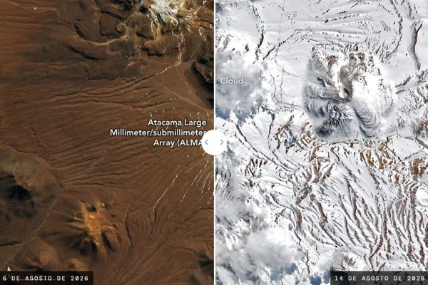 Imagem colorida de neve no deserto do Atacama - Metrópoles