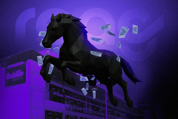 Ilustração de um cavalo cercado por dinheiro para matéria sobre os fundos caixa-preta da Faria Lima