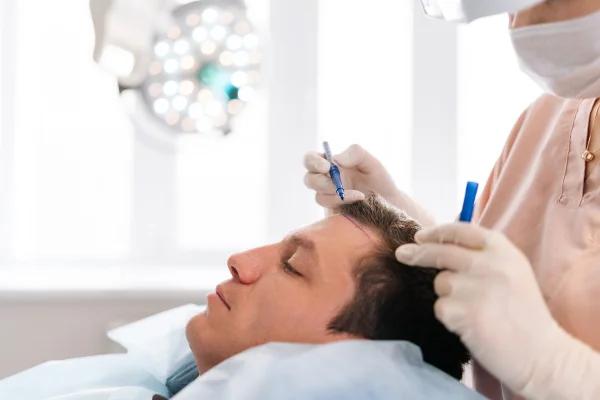 Profissional realizando transplante capilar em paciente homem branco - Metrópoles