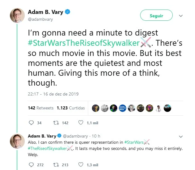 Adam B. Vary, da Variety: "Vou precisar de um tempo para digerir A Ascensão Skywalker. Há tanto filme nesse filme. Mas os melhores momentos são os de humanidade e quietude. Ainda estou elaborando, porém" Adam B. Vary, da Variety: "Vou precisar de um tempo para digerir A Ascensão Skywalker. Há tanto filme nesse filme. Mas os melhores momentos são os de humanidade e quietude. Ainda estou elaborando, porém"