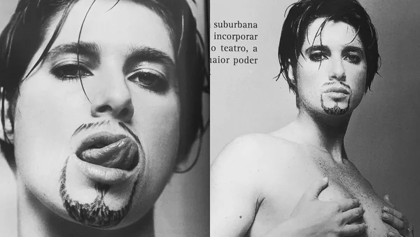 Fotografia em preto e branco de Leticia Spiller com look masculino