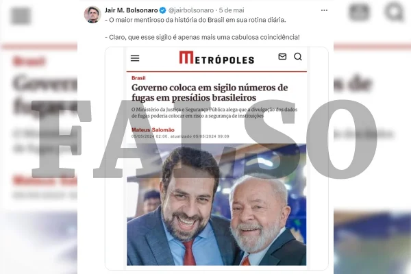 foto colorida, com tarja de falso, com imagem falsa de suposta matéria do Metrópoles com Boulos e Lula - Metrópoles