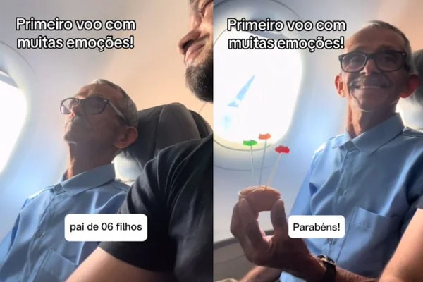 Foto colorida de um idoso no avião - Metrópoles