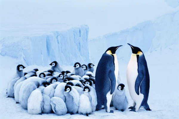 (Composição digital) Pinguins-imperadores (Aptenodytes forsteri), Antártida. Dois pinguins-imperadores ao lado de um grupo de filhotes amontoados.