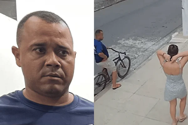 Imagem colorida de um homem de bicicleta assaltando uma mulher na calçada - Metrópoles