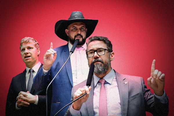 Os deputados bolsonaristas Marcos Pollon (PL-MS), Marcel Van Hattem (Novo-RS) e Zé Trovão (PL-SC)