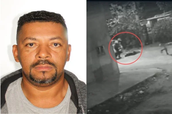 Montagem colorida com foto de homem (à esquerda) e reprodução de um vídeo de câmera de segurança (à direita).