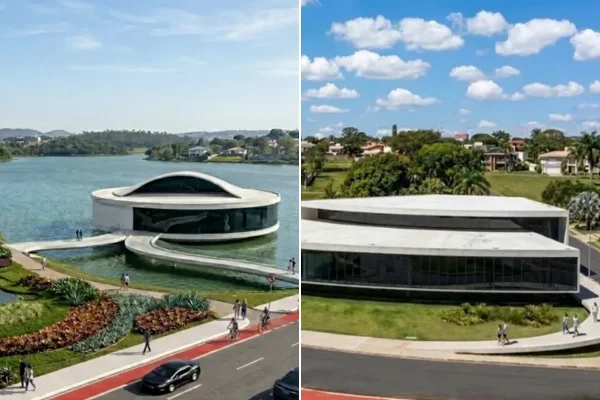 À direita, reconstituição do projeto de 2004, o “disco voador” de Niemeyer sobre a Lagoa da Pampulha; à esquerda, a segunda proposta, de 2007/2008, com um prédio baixo em frente ao MAP. As imagens foram produzidas com Inteligência Artificial (IA) a partir de documentação histórica dos projetos, que nunca saíram do papel.