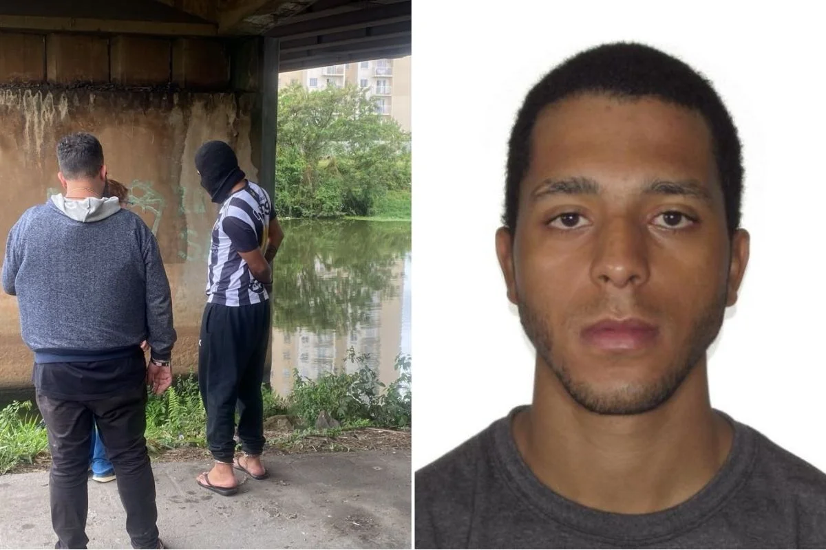 Montagem colorida mostra Natan Roberto, preso por suspeita de matar, esquartejar e desovar corpo da namorada, com capuz preto e algemado em frente à rio onde jogou a vítima.