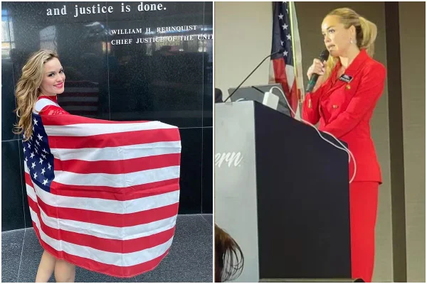 Montagem colorida com duas fotos de Cristiane Mersch, uma mulher loira e branca - Metrópoles