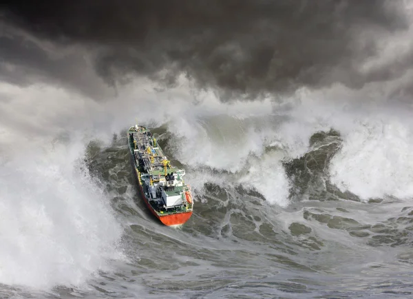 Imagem colorida de grande onda e um barco - Metrópoles