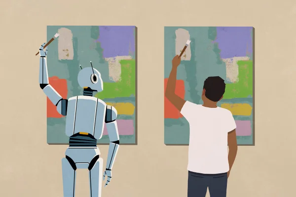Ilustração colorida onde um robô imita um humano na pintura de um quadro - Metrópoles.